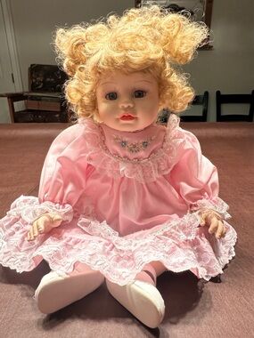 Pink Lace Keepsake Baby Doll with Curly Blonde Hair